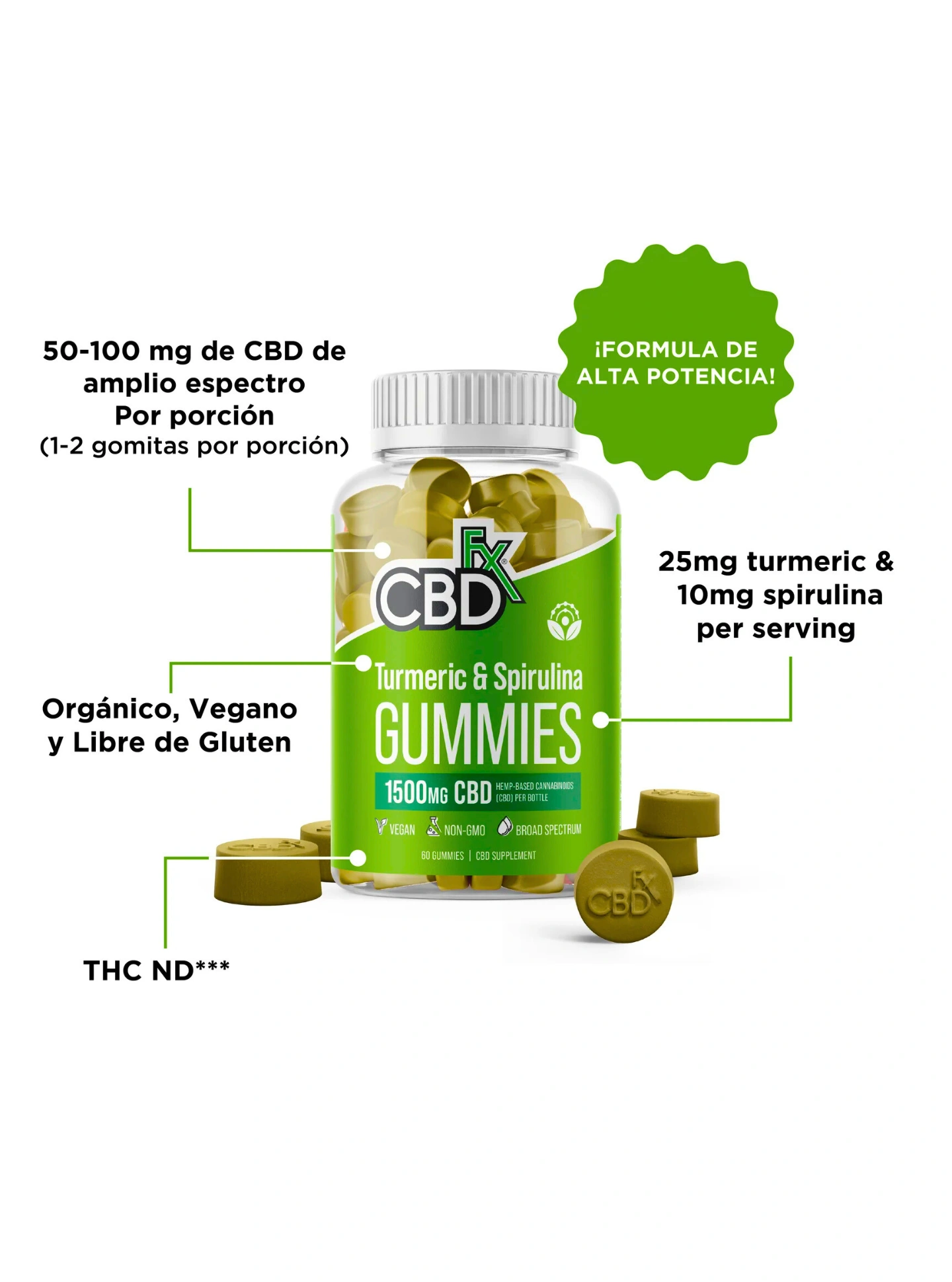 CBDFx | Gomitas de CBD con Cúrcuma y Espirulina 1500mg | 60pzs - Imagen 2